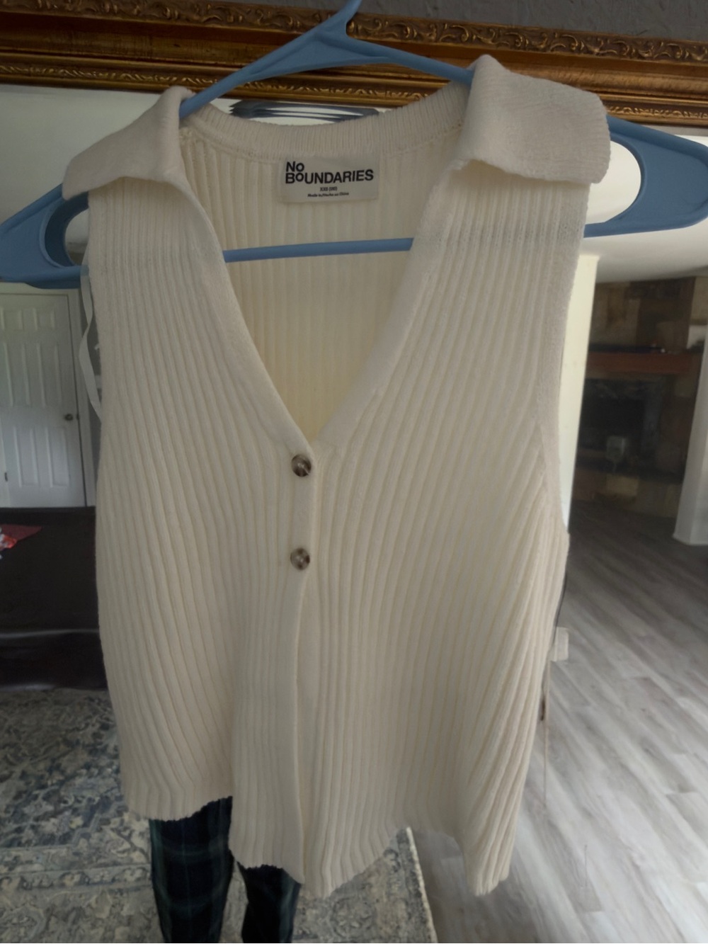 No Boundaries Cream Ribbed Button-Front Collared Tank